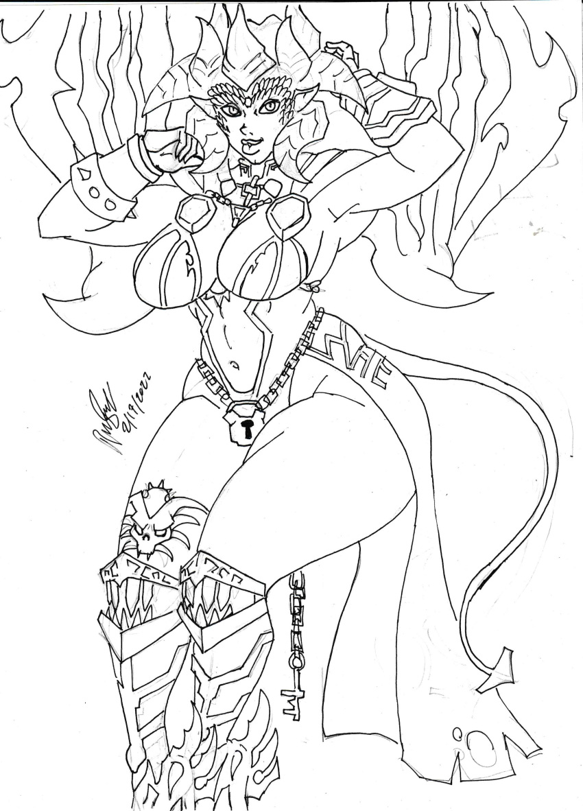 1girls armored_boots armpits arms_up bare_thighs belly_button big_breasts black_and_white breasts busty chains cleavage cleft_of_venus clothed curvaceous curves curvy curvy_body curvy_female curvy_figure curvy_hips darksiders darksiders_2 darksiders_3 demon demon_girl demon_horns demon_lord demon_tail demon_wings demoness facing_viewer female female_focus female_only front_view hips horn horns hourglass_figure large_breasts lilith_(darksiders) lock looking_at_viewer midriff mostly_clothed sketch skimpy skimpy_clothes skimpy_dress skimpy_outfit smile smiling smiling_at_viewer smirk smirking smirking_at_viewer sole_female solo solo_female solo_focus tagme thatdirtymexican92 thick_thighs thighhighs thighs voluptuous wide_hips