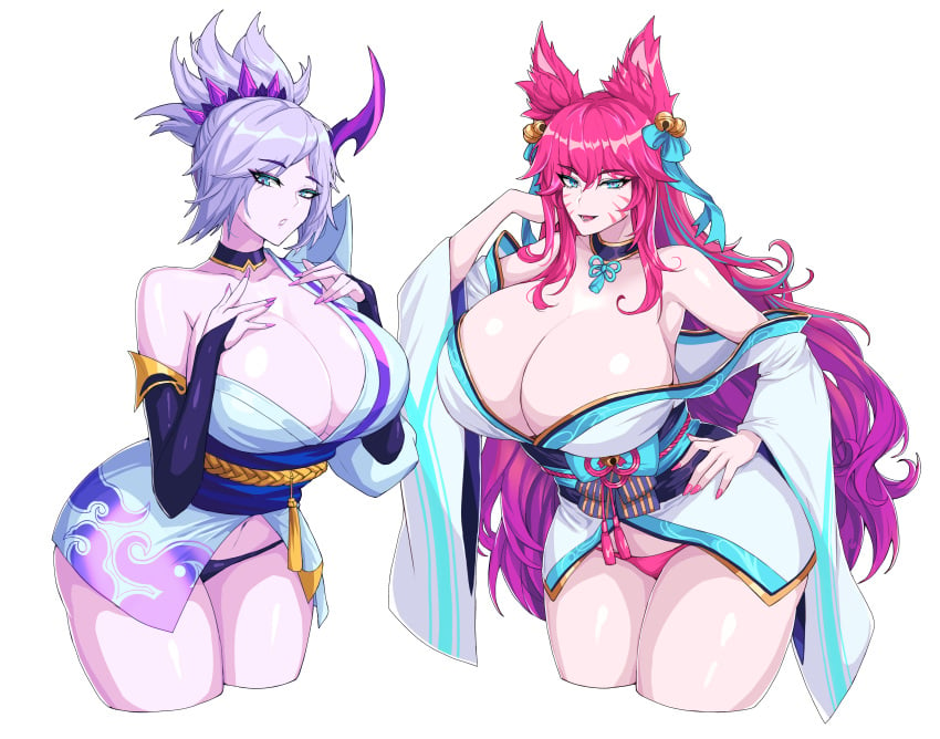 2girls 9_tails ahri alternate_costume alternate_eye_color alternate_hair_color alternate_hairstyle animal_ear_fluff animal_ears animal_girl animal_humanoid areolae bangs bare_shoulders bell big_breasts blue_eyes breasts breasts_bigger_than_head child_bearing_hips choker cleavage clothing curvaceous curvy curvy_body curvy_female curvy_females curvy_figure curvy_hips drogod_(artist) eyebrows_visible_through_hair eyelashes eyeliner eyeshadow facial_markings female female_only femdom fox fox_ears fox_girl fox_humanoid fox_tail fox_tails fur furry_ears furry_tail glistening glistening_body glistening_breasts glistening_eyes glistening_genitalia glistening_hair glistening_skin hair_ornament hair_ribbon huge_breasts human humanoid japanese_clothes kemonomimi kimono kitsune kitsunemimi large_areolae large_breasts league_of_legends light-skinned_female light_skin long_hair looking_at_viewer massive_breasts multi_tail multiple_girls multiple_tails nine_tailed_fox nipples pale-skinned_female pale_skin panties pink_hair pose posing riot_games riven robe short_hair silver_hair simple_background smile smiling spirit_blossom_ahri spirit_blossom_riven spirit_blossom_series tail thick thick_hips thick_thighs thighs uncensored vastaya video_games voluptuous white_background wide_hips