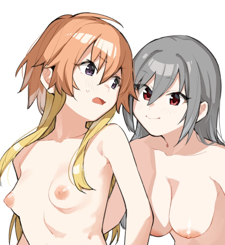 2girls :> alternate_hairstyle areolae armpit_peek bangs blonde_hair blush breasts cleavage closed_mouth collarbone completely_nude d: dark_illuminate_(idolmaster) eye_contact eyebrows_visible_through_hair eyes_visible_through_hair female floating_hair flustered grey_hair hair_between_eyes hair_down hair_extensions hanging_breasts highres idolmaster idolmaster_cinderella_girls kanzaki_ranko large_areolae large_breasts long_hair looking_at_another looking_to_the_side muchi_maro multicolored_hair multiple_girls ninomiya_asuka nipples nude open_mouth orange_hair purple_eyes red_eyes ribs shiny shiny_hair side-by-side simple_background small_breasts smile startled surprised sweat tsurime two-tone_hair upper_body v-shaped_eyebrows white_background