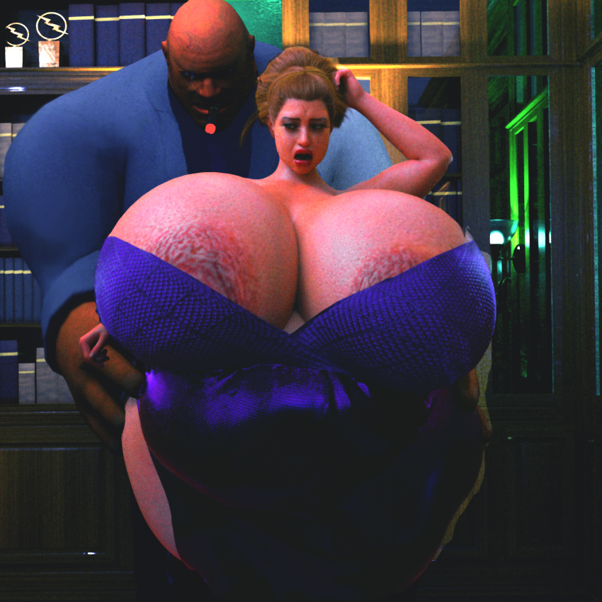 1boy 1girls 3d bald_man bimbo brown_hair huge_breasts huge_hips jackd22 kingpin large_breasts marvel marvel_comics obese obese_female purple_dress wilson_fisk