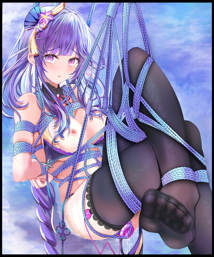 absurdres arms_behind_back bangs bikini black_legwear blunt_bangs blush bondage bondage bondage bound breasts cleavage feet female female genshin_impact heart heart-shaped_pupils highres large_breasts long_hair looking_at_viewer mole mole_under_eye nipples open_mouth purple_eyes purple_hair raiden_shogun sex_toy solo st1911 sweat swimsuit symbol-shaped_pupils thighhighs tied_up_(nonsexual) toes vibrator vibrator_in_thighhighs