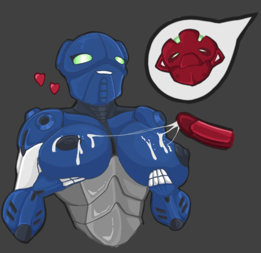 1boy 1girls big_breasts bionicle blue_body cum cum_on_breasts female green_eyes hahli lego male nipples red_penis robot semen sesp toa_hahli_inika wholesome