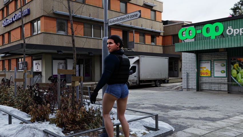 ass black_hair building cold coop_(sweden) counter-strike:_global_offensive counter-strike_(series) counter_terrorist_(counter-strike) diving female female_focus female_only hair_salon hotpants outdoor outdoors road_sign skin snow supermarket sweden valve winter