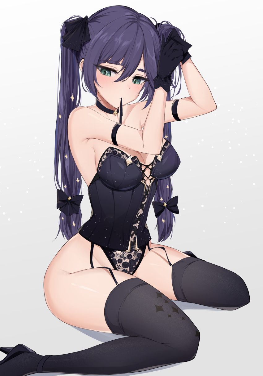 blush breasts bustier choker female garter_straps genshin_impact gloves green_eyes hi_res high_heels lingerie mona_(genshin_impact) purple_hair sunny721 thick_thighs thighhighs twintails waist