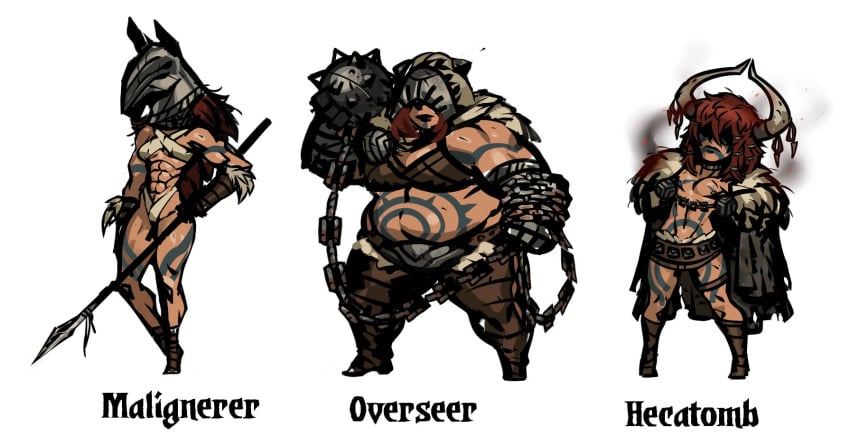 1boy 2girls amazon barbarian black_reliquary celtic darkest_dungeon female femboy muscular_female overweight overweight_female s-purple smaller_male taller_girl tribal tribal_paint