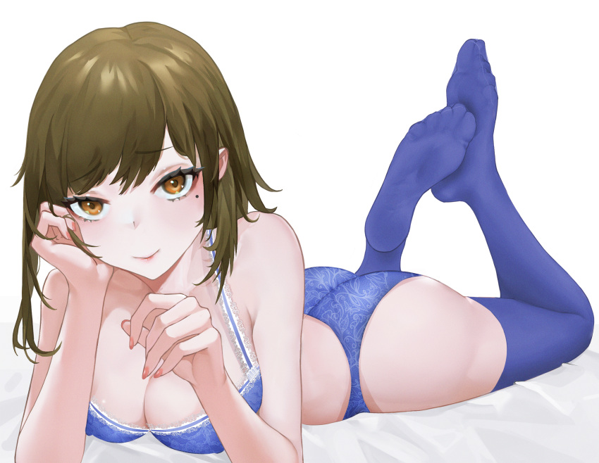 1girls amber_eyes artist_request ass big_breasts blue_bra blue_legwear bra breasts copyright_request female female_only garter_belt highres legwear lingerie looking_at_viewer lying medium_hair mole mole_under_eye nails nakazawa_kaori on_stomach orange_eyes smile solo stockings the_pose thick_thighs underwear white_background