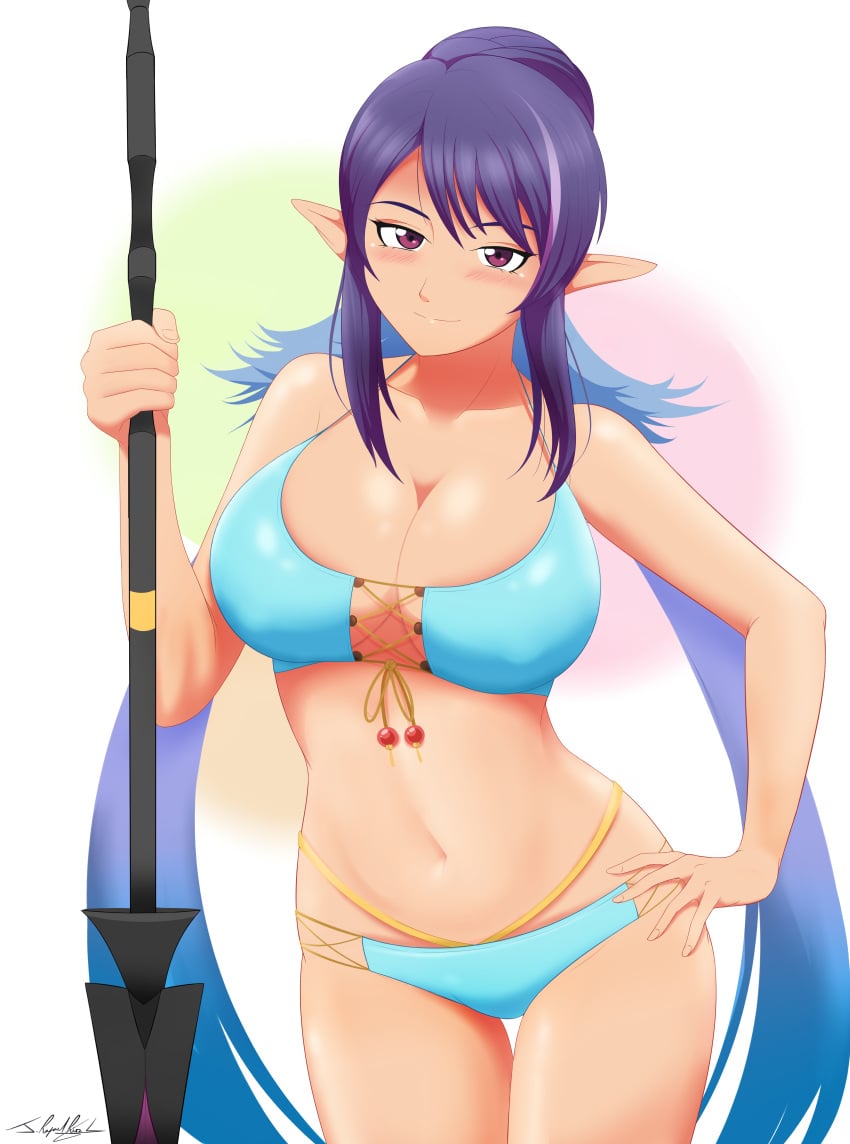 1girls absurd_res bikini blush cleavage commission female female_only hand_on_hip judith_(tales) large_breasts long_hair looking_at_viewer navel neolink077 pointy_ears purple_eyes purple_hair smile solo tales_of_(series) tales_of_vesperia weapon