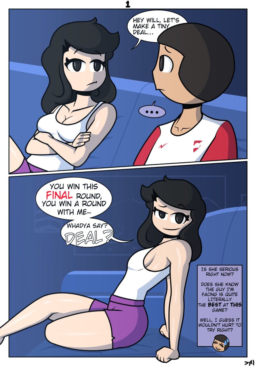 1boy 1girls comic comic_page couch dialogue dyllzone female full_body fully_clothed maddie_(dyllzone) male nervous night no_bra original original_character page_1 pajamas pov short_pants sideboob signature sitting tanktop voluptuous will_(dyllzone)