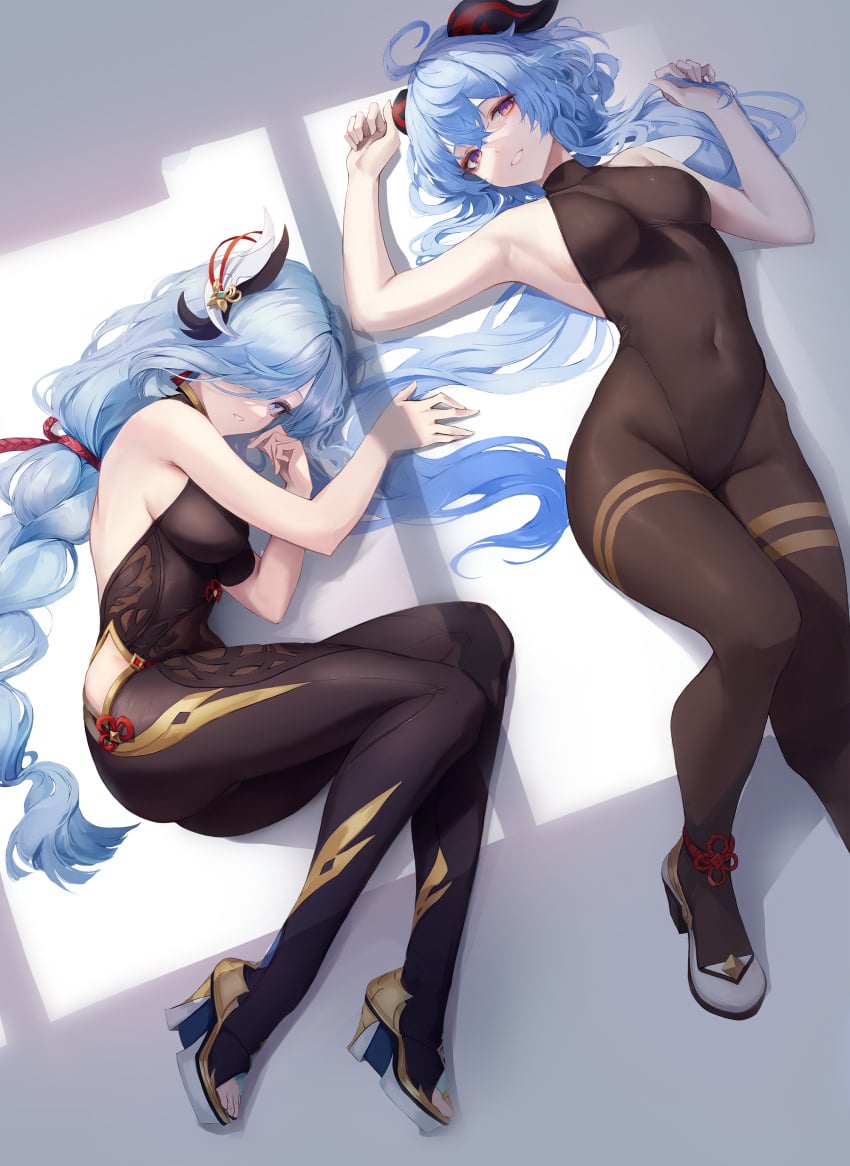 2girls armpits arms_up backless_outfit bare_arms bare_back bare_shoulders black_legwear black_leotard blue_eyes blue_hair bodystocking braid braided_ponytail breasts cleavage duo female full_body fully_clothed ganyu_(genshin_impact) genshin_impact gold_heels high_heels highleg_leotard hiki_niito hiki_nito hip_vent horns large_breasts leotard light-skinned_female light_skin looking_at_viewer low_ponytail lying medium_breasts no_bra on_back on_side pantyhose ponytail shenhe_(genshin_impact) sideboob skin_tight sleeveless