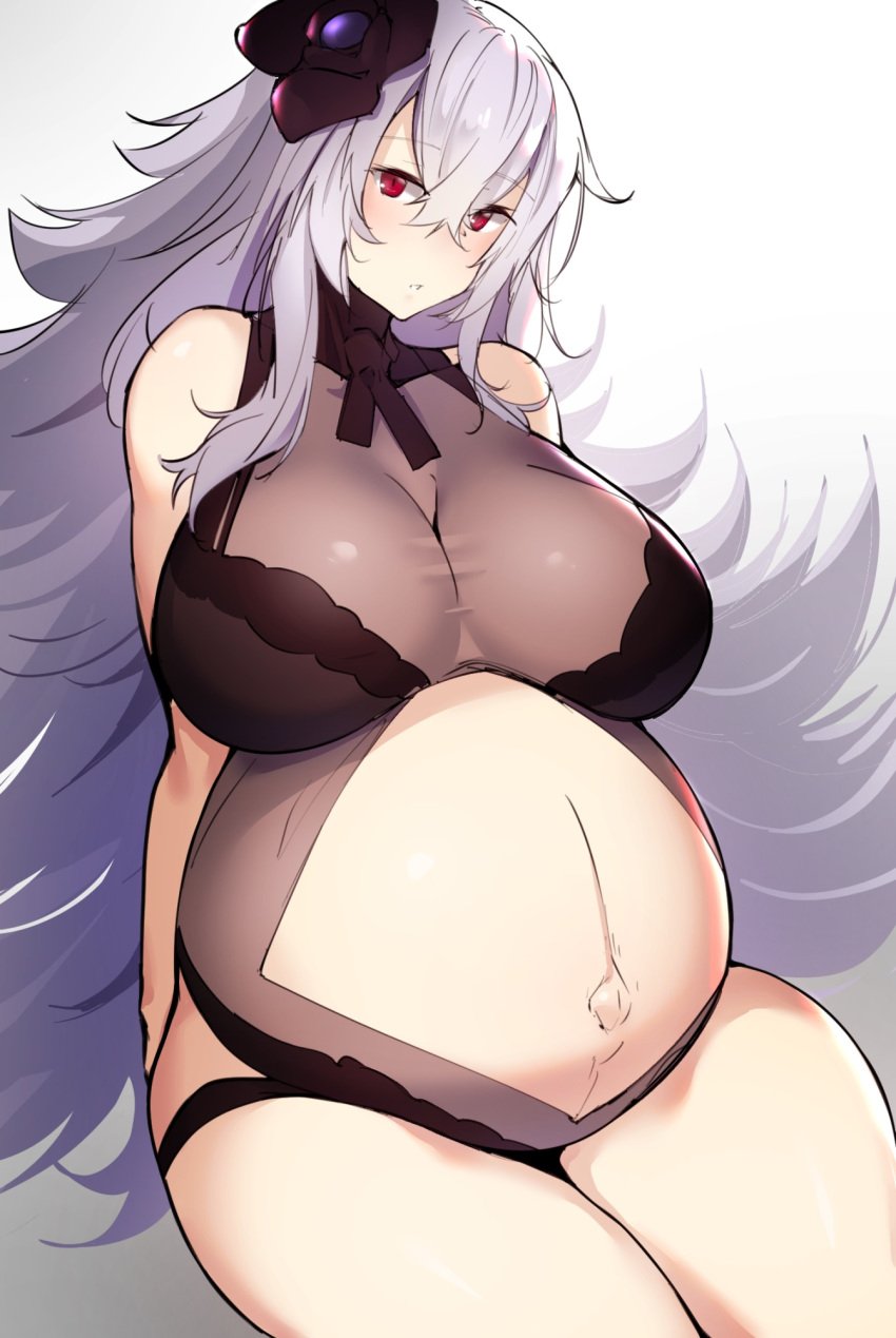 azur_lane big_breasts blush female female_only flower_in_hair graf_zeppelin_(azur_lane) hair_ornament kuronyan leotard lingerie long_hair looking_at_viewer pregnant red_eyes see-through_clothing sheer solo thick_thighs very_long_hair white_hair