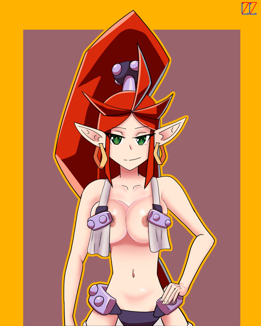 1girls areolae belly belly_button big_breasts breasts earrings female female_focus female_only female_solo genie green_eyes half-genie hand_on_hip harmony_(shantae) long_hair long_ponytail looking_at_viewer nipples pointed_ears pointy_ears ponytail red_hair shantae shantae_and_the_seven_sirens shellshoker77 smile smiling smiling_at_viewer smooth_skin solo solo_female tagme wayforward