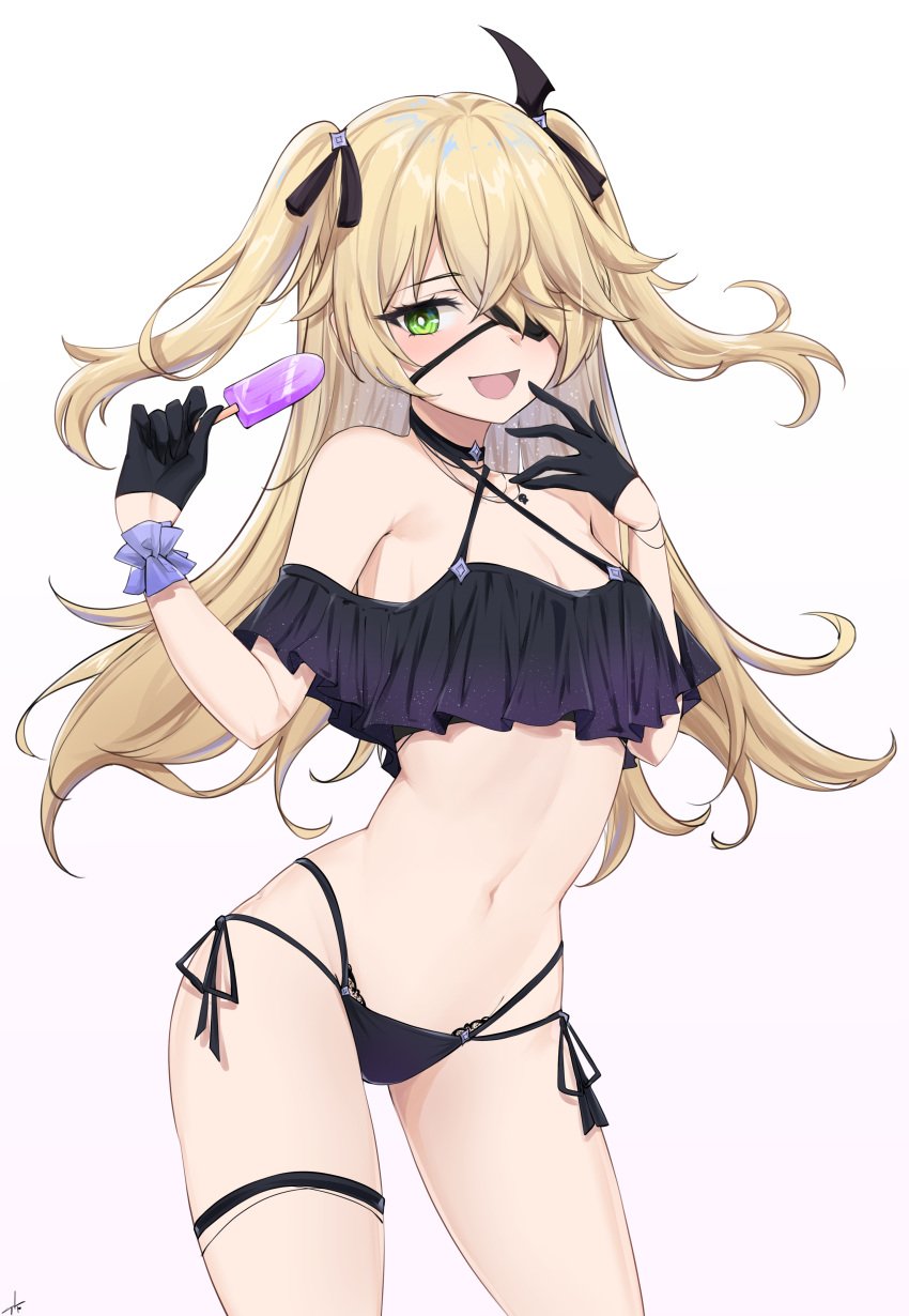 1girls bikini blonde_hair breasts choker cleavage eyepatch female female_only fischl_(genshin_impact) frills genshin_impact gloves green_eyes hi_res ice_cream panties small_breasts smile solo sunny721 twintails underwear