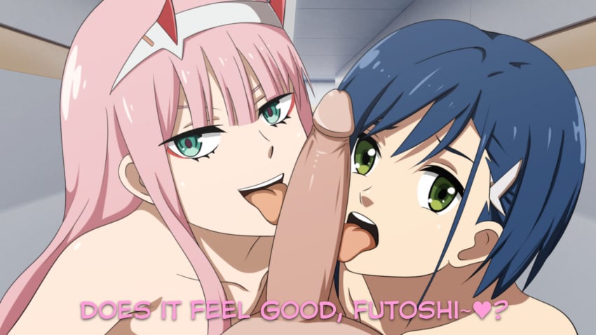 1boy 2girls 2girls1boy 3some blue_hair cheating cock_worship darling_in_the_franxx double_fellatio english_text female futoshi_(darling_in_the_franxx) horns ichigo_(darling_in_the_franxx) licking_penis male multiple_girls nepiris pink_hair tagme text threesome uncensored unseen_male_face zero_two_(darling_in_the_franxx)