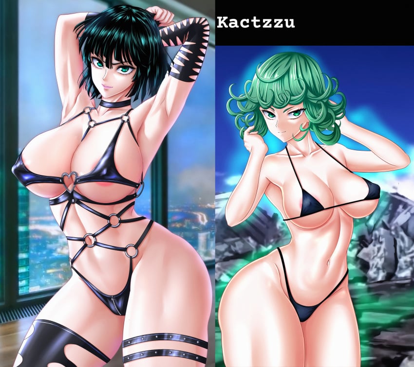 2girls absurd_res alternate_breast_size areolae arms_behind_head armwear artist_name bare_shoulders beauty_mark belly_button big_breasts bikini bikini_bottom bikini_top black_bikini black_legwear black_panties breasts choker curvy_figure dark_hair edit eye_contact eyelashes female female_focus female_only fit fit_female front_view fubuki_(one-punch_man) green_eyes green_hair heart hi_res highres hourglass_figure huge_breasts huge_thighs kactzzu large_breasts legs_apart light-skinned_female light_skin lipstick long_hair looking_at_viewer makeup micro_bikini multiple_girls nipple_bulge one-punch_man pale-skinned_female pale_skin partially_clothed pink_lips pink_lipstick posing revealing_clothes seductive seductive_look seductive_smile short_hair sideboob sisters sleeves smile smiling standing stockings straps tatsumaki thick_thighs thigh_strap thighhighs thighs thin_waist tight tight_clothing tight_fit topwear underwear wide_hips zipper zipper_panties