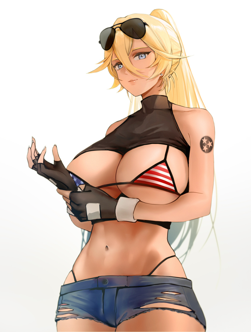 1girls absurdres american_flag_bikini arm_tattoo arm_under_breasts azur_lane bikini black_gloves black_shirt blonde_hair blue_eyes breasts breasts_out cl_(summer_sama) cleavage_cutout closed_mouth clothing_cutout commentary denim denim_shorts eagle_union_(azur_lane) eyewear_on_head female fingerless_gloves flag_print gloves hand_on_own_arm highleg highleg_bikini highres large_breasts long_hair looking_at_viewer navel ponytail shirt short_shorts shorts simple_background solo stomach string_bikini sunglasses swimsuit tan-skinned_female tan_skin tattoo tennessee_(azur_lane) torn_clothes torn_shirt