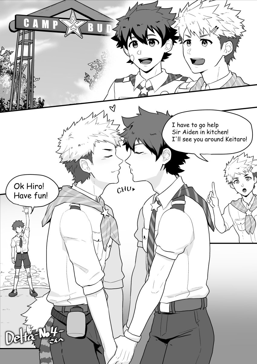 2boys black_and_white blush camp_buddy closed_eyes comic comic_strip couple gay heart hi_res hiro_akiba holding_hands kakenari keitaro_nagame kissing male male_focus male_only open_mouth romantic_ambiance romantic_couple smile smiling speech_bubble text twink waving yaoi