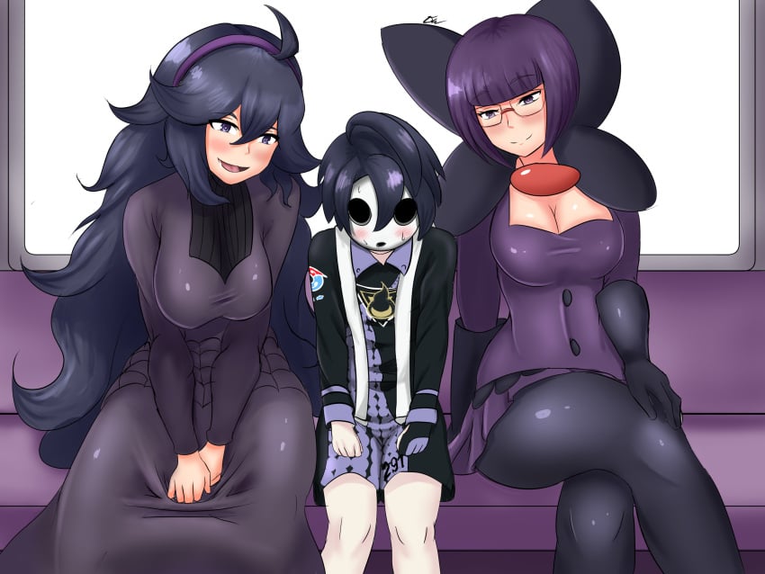 1boy 2girls 2girls1boy age_difference allister_(pokemon) ara_ara bigger_female blush desire_delta embarrassed embarrassment female femboy femboy_with_female glasses goth_girl hex_maniac male mask masked_male older_female onion_(pokemon) otoko_no_ko parody pokemon pokemon_bw pokemon_ss pokemon_xy purple_eyes purple_hair seductive_eyes seductive_smile shauntal_(pokemon) size_difference smaller_male smile smiling smirk smirking white_mask younger_male