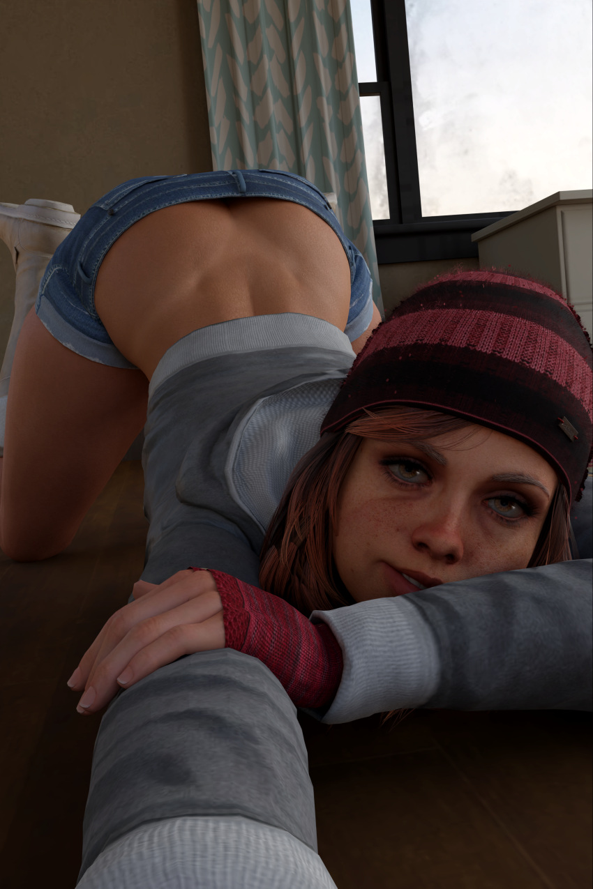 1girls 3d 3d_(artwork) ashley_brown ass_up back_dimples beanie boots brown_eyes brown_hair emberstock face_down_ass_up female female_only fingerless_gloves hoodie jean_shorts looking_at_viewer no_panties selfie shorts smile solo tanline until_dawn