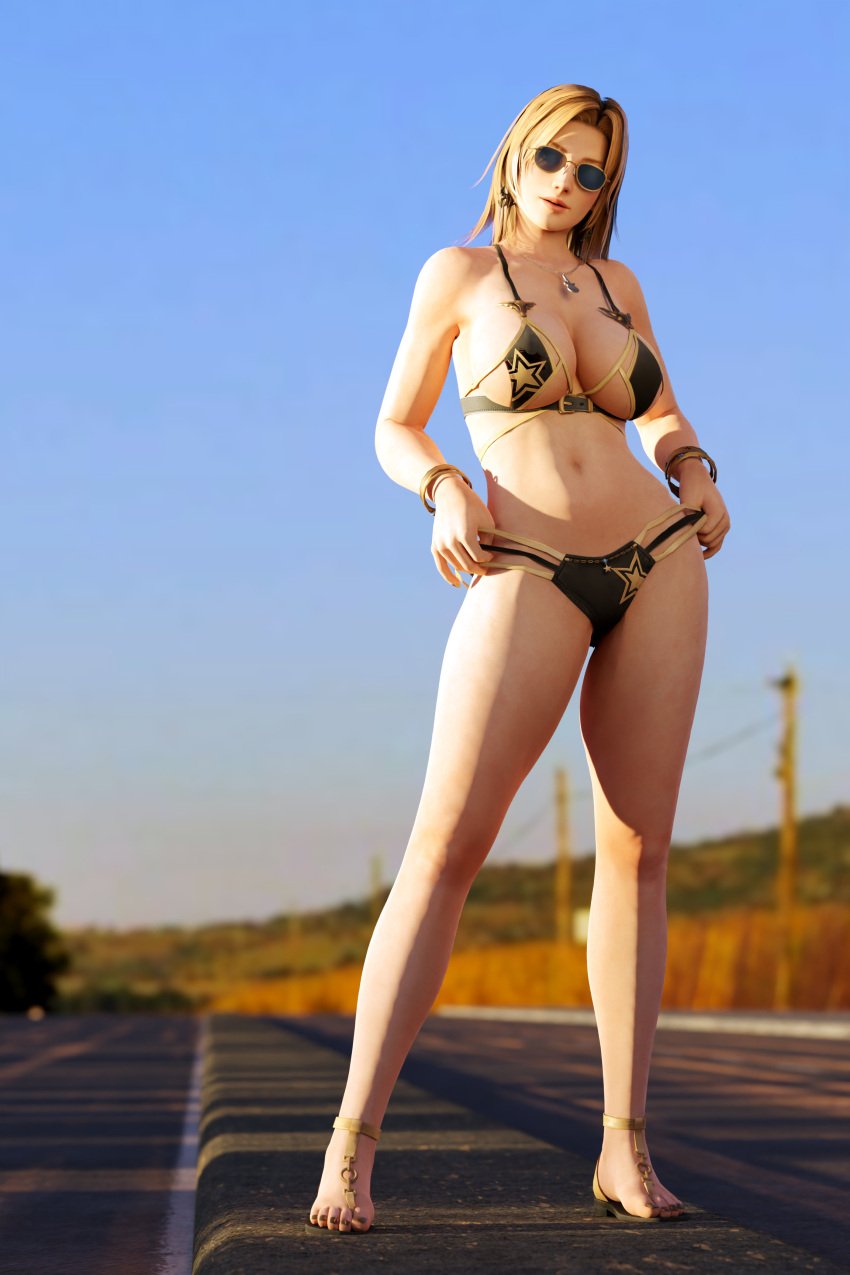 1girls 3d bikini blonde_hair blue_eyes bracelet dead_or_alive female female_only fully_clothed huge_breasts necklace outside revealing_clothes road sandals solo sunglasses swimsuit tina_armstrong tinted_eyewear voluptuous xeexk