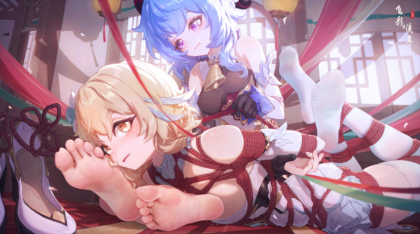 2girls barefoot bdsm bell blonde_hair blue_hair blush bondage domination feet foot_fetish foot_focus footwear footwear_removed ganyu_(genshin_impact) genshin_impact hazel_eyes high_heels icecake insole lumine_(genshin_impact) multiple_girls orange_eyes purple_eyes soles stockings toes