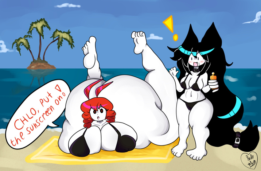 2girls anthro beach big_ass big_breasts black_hair catgirls chlomaki dialogue funamusea huge_ass lewdsuta lobco red_hair sabitsooki saisuta shrimp sunscreen wadanohara_and_the_great_blue_sea