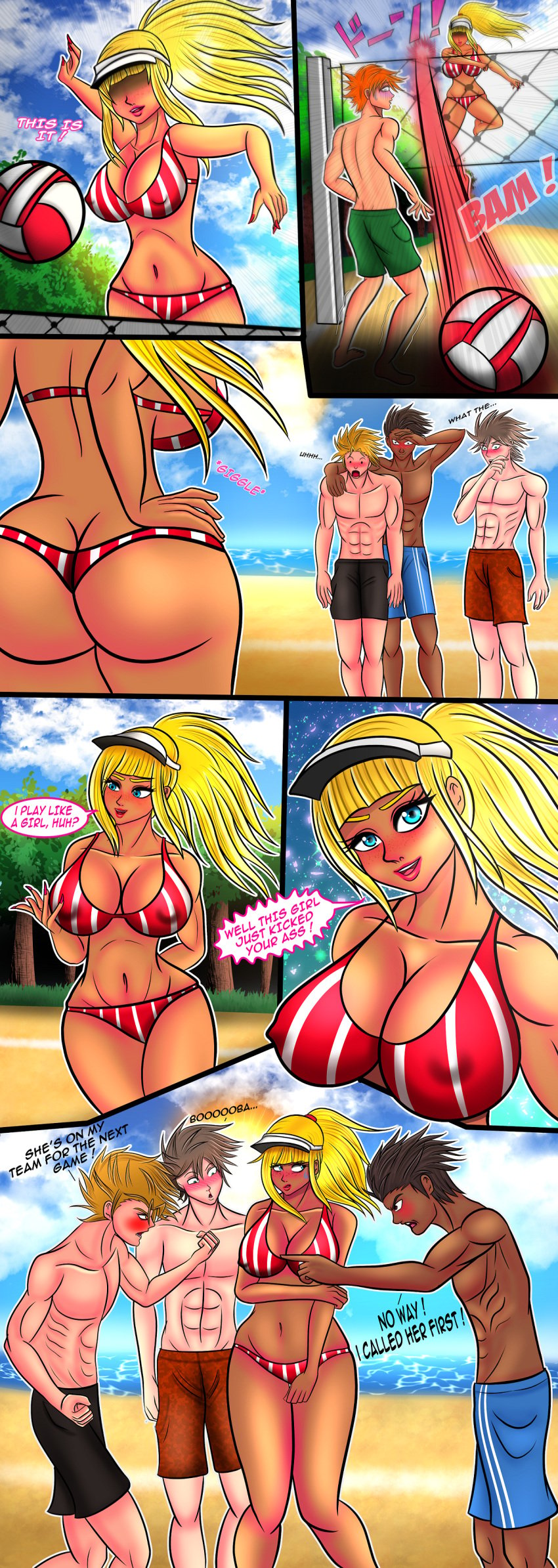 ass_expansion beach_volleyball bikini breast_expansion comic female gender_transformation hair_color_change hair_growth hopetg huge_ass huge_breasts lesslietg lip_expansion lips mtf_transformation post_transformation tan thick_thighs thigh_expansion transformation wide_hips