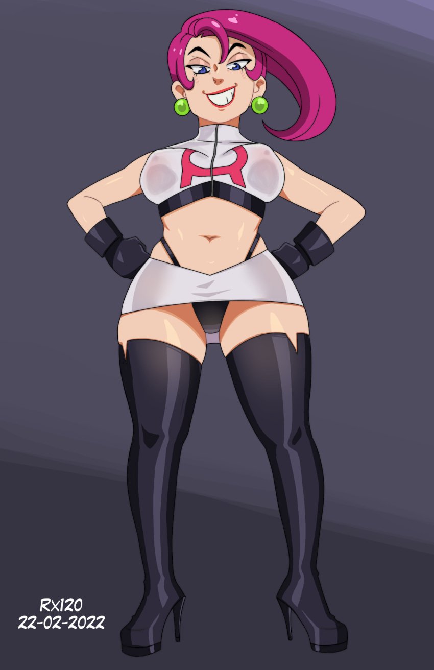 1girls alternate_hairstyle black_gloves black_legwear blue_eyes earrings eyeshadow gloves grin hands_on_hips jessie_(pokemon) lipstick looking_at_viewer medium_breasts miniskirt pokemon pokemon_(anime) redesign rx120 simple_background solo standing thigh_boots thong