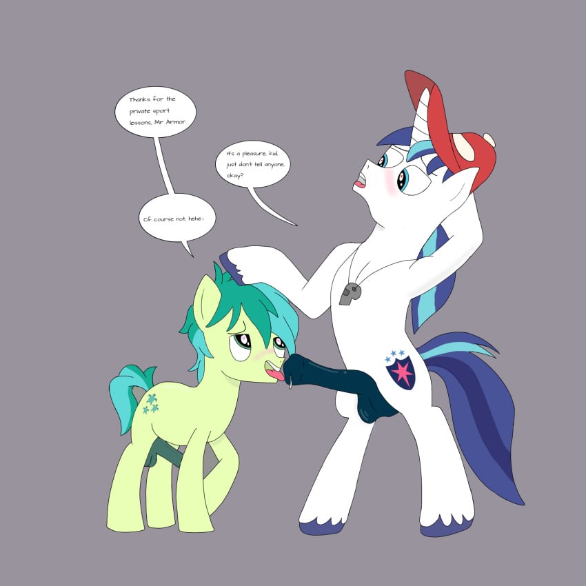 age_difference animal_genitalia balls ballsack blue_eyes blue_hair blush cap clop comic cum_drip cum_dripping cutie_mark dialogue dilf equine equine_penis erection feral friendship_is_magic gay gray_background green_body green_eyes green_hair green_skin heart heart_eyes hooves horn horse horse_tail horsecock infidelity my_little_pony nude_male pony sandbar_(mlp) scrotum shining_armor_(mlp) size_difference tail teeth testicles tongue_out training two_tone_hair two_tone_tail whistle_(object) whistle_around_neck white_body white_skin yaoi