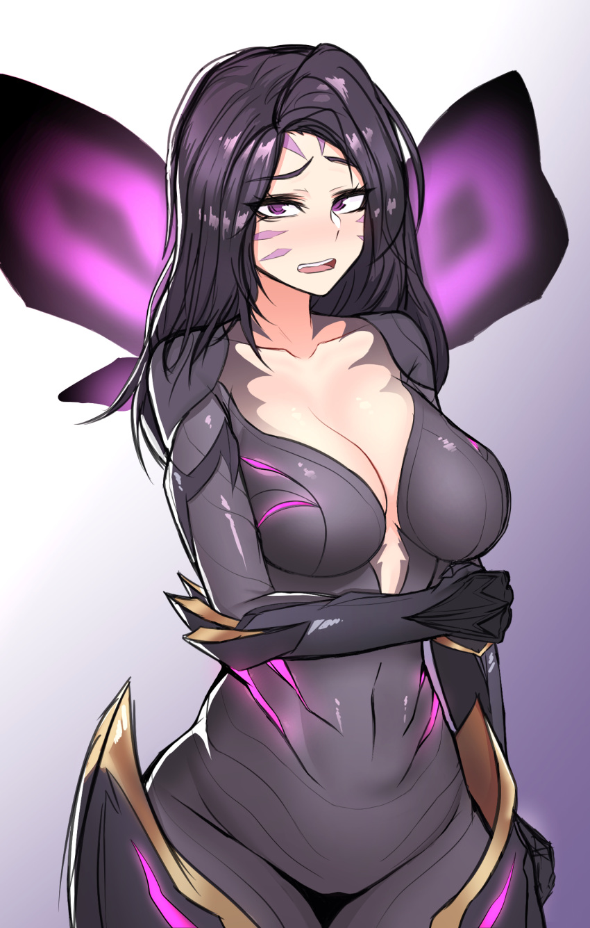 blush bodysuit breasts cleavage facial_markings kai'sa laughter_(artist) league_of_legends looking_at_viewer navel purple_eyes purple_hair riot_games standing tagme tight_clothing