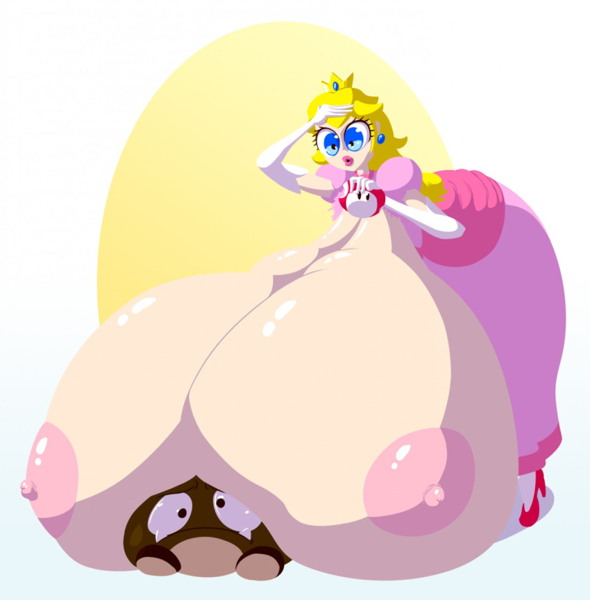 1girls alternate_breast_size areolae big_lips blonde_hair blue_eyes breast breasts_bigger_than_body breasts_bigger_than_head breasts_out breasts_out_of_clothes crown crushed crushed_by_breasts dress female female_focus female_only gloves goomba heavy hips hyper hyper_breasts large_breasts lips mario_(series) mr-snacks nintendo nipples powerful_breasts princess princess_peach simple_background super_mario_bros. super_mushroom under_breast wardrobe_malfunction