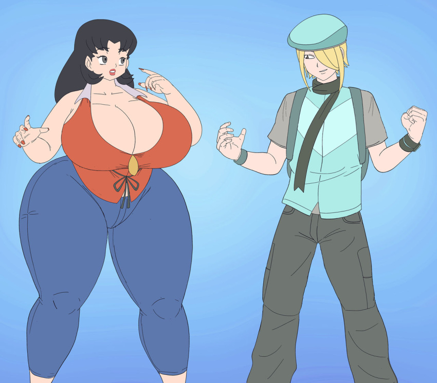 black_hair blonde_hair curvy_figure cynthia_(pokemon) huge_breasts life_swap lucas_(pokemon) male milf pokemon pokemon_champion saturnxart shocked_expression