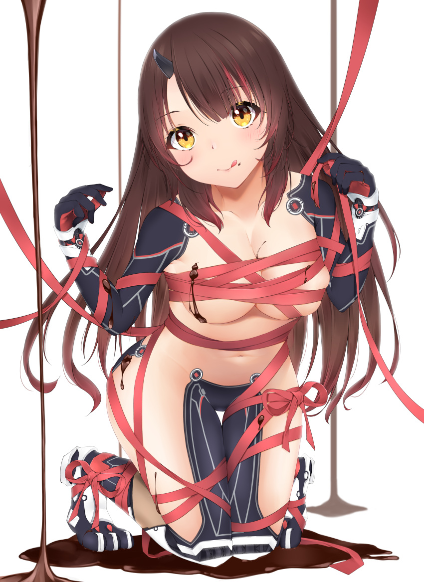 :q absurdres android asymmetrical_bangs bangs bound breasts brown_hair chocolate chocolate_on_breasts chocolate_on_face cleavage female food food_on_face gradient_hair happy_valentine highres hololive hololive_gen_0 hololive_japan horns kneeling leaning_forward long_hair looking_at_viewer mechanical_arms mechanical_legs medium_breasts multicolored_hair navel nude pelvic_curtain pink_hair pink_ribbon ribbon ribbon_bondage roboco-san single_horn skindentation streaked_hair tefutefu_(tefutefu_u3) tongue tongue_out valentine valentine's_day virtual_youtuber white_background yellow_eyes