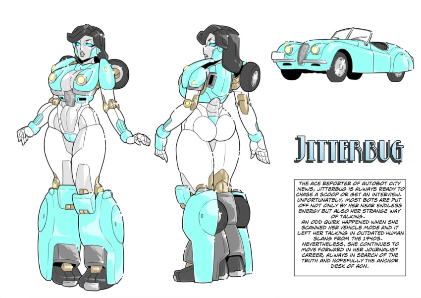 abs ass black_hair black_lipstick blue_body blue_eyes character_sheet crotch_plate mad-project original_character robot/alternate_modes slippers small_breasts thick_thighs transformers wheels