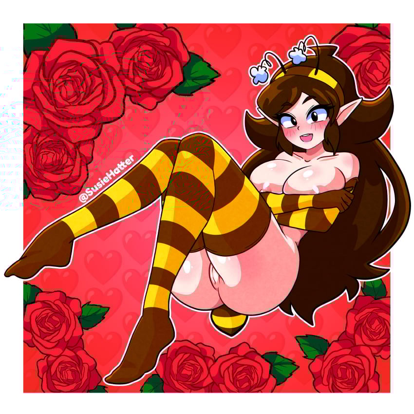 1girls antennae areolae bee_girl black_eyes blush breasts brown_hair completely_nude_female flower_background headband large_breasts long_gloves long_hair looking_at_viewer nipples pointy_ears pussy rose_(flower) smiling smiling_at_viewer striped_thighhighs susie_(susiehatter) susiehatter thighhighs