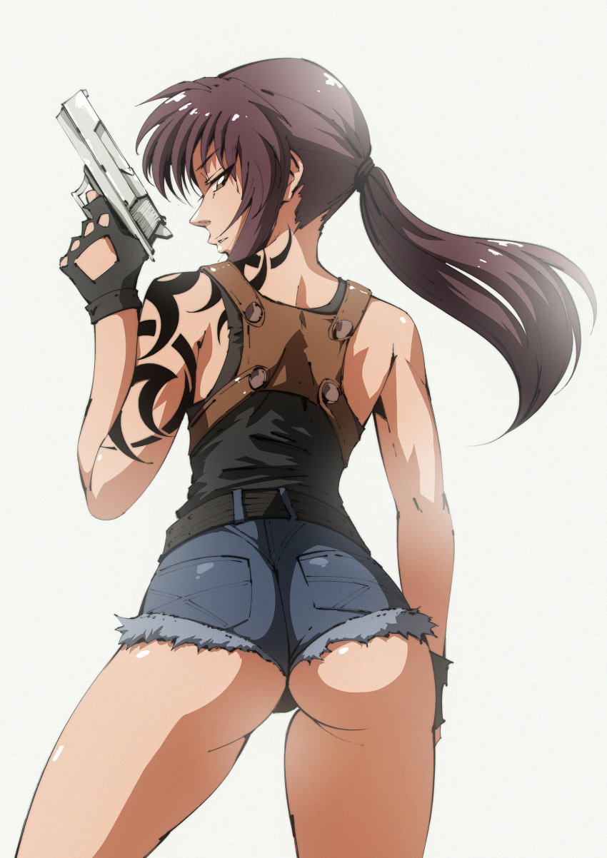 1girls ass black_lagoon dat_ass female female_focus female_only flou gun high_resolution highres long_hair looking_at_viewer looking_back ponytail revy solo tattoo