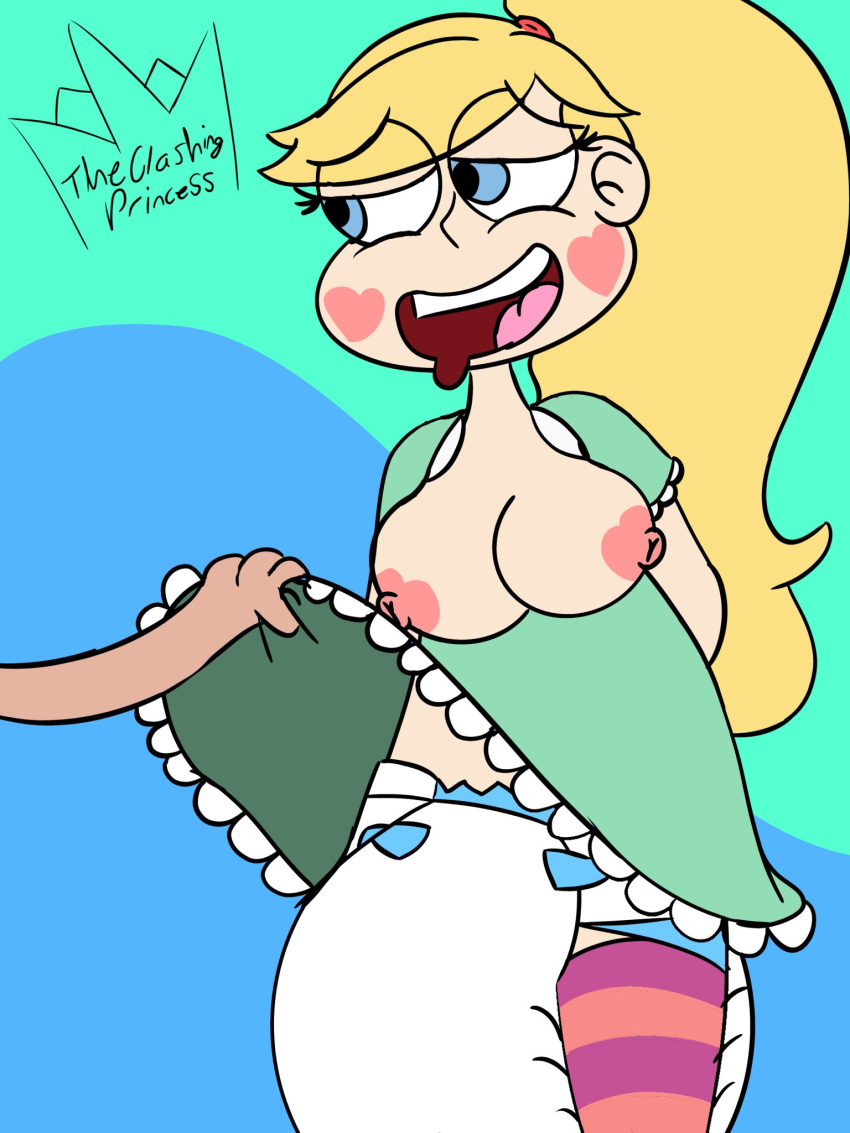 blonde_hair blue_eyes breasts breasts_out clothed clothing diaper diaper_under_clothing dress dress_lift drooling futa_only futanari hands_behind_back heart_cheeks leggings long_hair pale_skin ponytail puffy_nipples solo_focus star_butterfly star_vs_the_forces_of_evil striped_legwear theclashingprincess