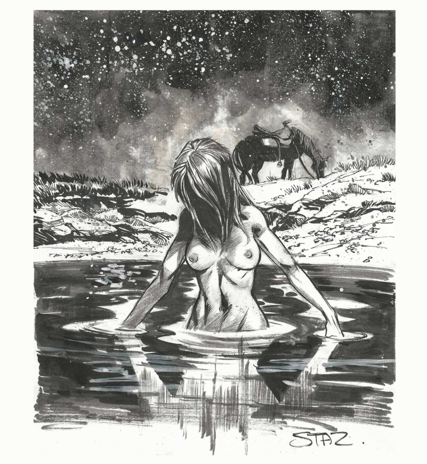 black_and_white breasts breasts_out female female_only horse lake naked naked_female nipples nude nude_female nudity obscured_face original original_artwork original_character outdoors outside reflection shoulder_length_hair staz_johnson water water_reflection