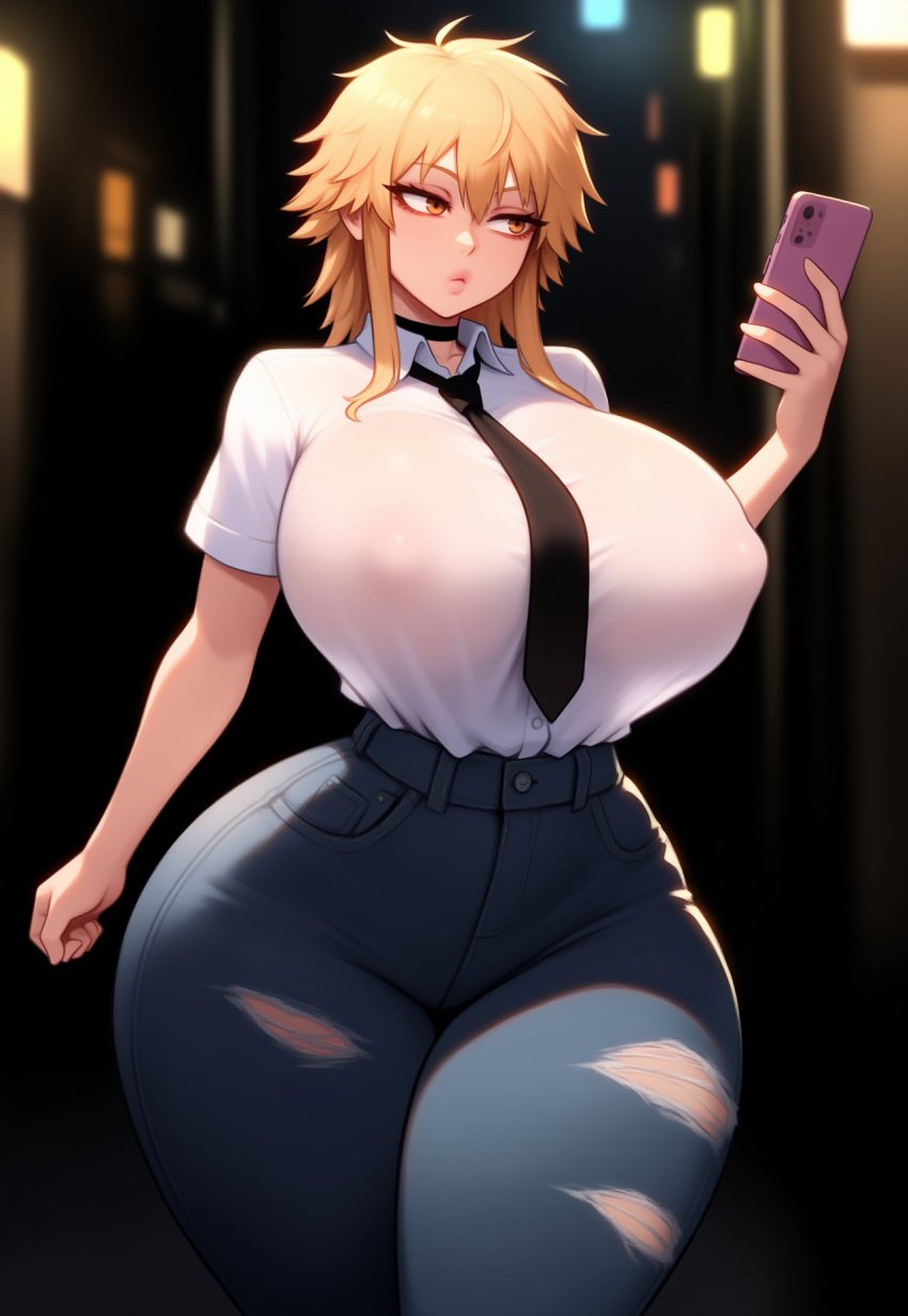 1girls adapted_costume ai_generated alley areola areolae arm_at_side big_breasts bimbo bimbo_body bimbofication bimbofied blonde_hair bored bottom_heavy breasts chainsaw_man choker city city_lights collarbone collared_shirt denim denji_(chainsaw_man) dress_shirt expressionless female genderswap_(mtf) hair_between_eyes hand_up high-waist_pants huge_ass huge_breasts jeans long_eyelashes long_sidelocks looking_at_phone looking_to_the_side massive_ass massive_breasts medium_hair messy_hair night nipple_bulge no_bra no_underwear novelai pants pointy_hair puckered_lips ripped_pants rule_63 rule_63 see-through see-through_shirt shirt short_sleeves sidelocks solo solo_female street tented_shirt tgm101_(artist) thick_thighs thin_waist tie torn_clothes torn_pants walking wide_hips yellow_eyes