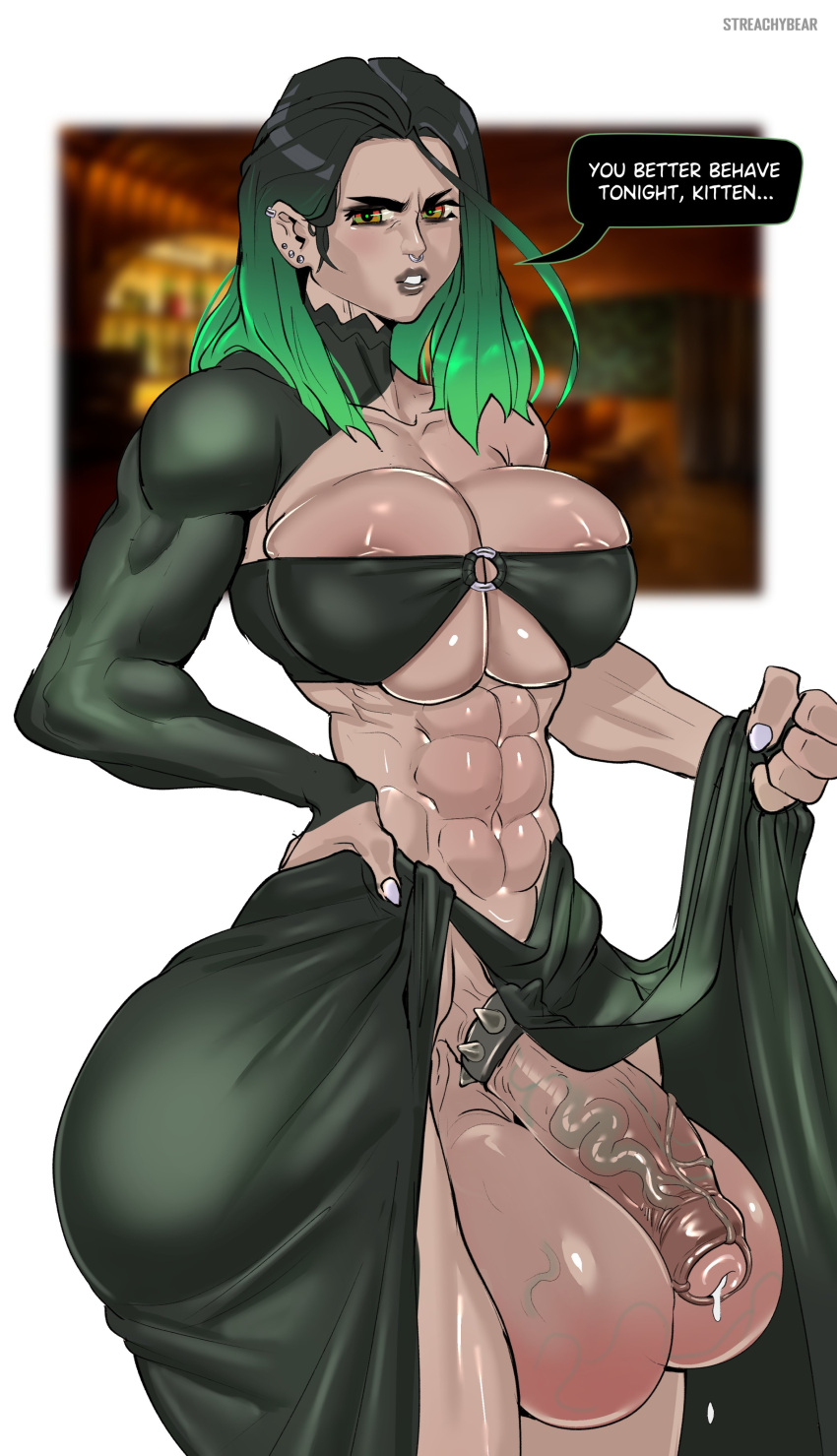 1futa abs areolae balls breasts cleavage clothed clothing cock_ring dialogue dress flashing futa_only futanari gigantic_testicles huge_balls huge_cock human jade_(streachybear) large_breasts light-skinned_futanari light_skin looking_at_viewer muscular muscular_futanari nipples nose_ring original oversized_balls partially_clothed penis pent_up skimpy solo solo_futa standing streachybear text veiny_penis veiny_testicles