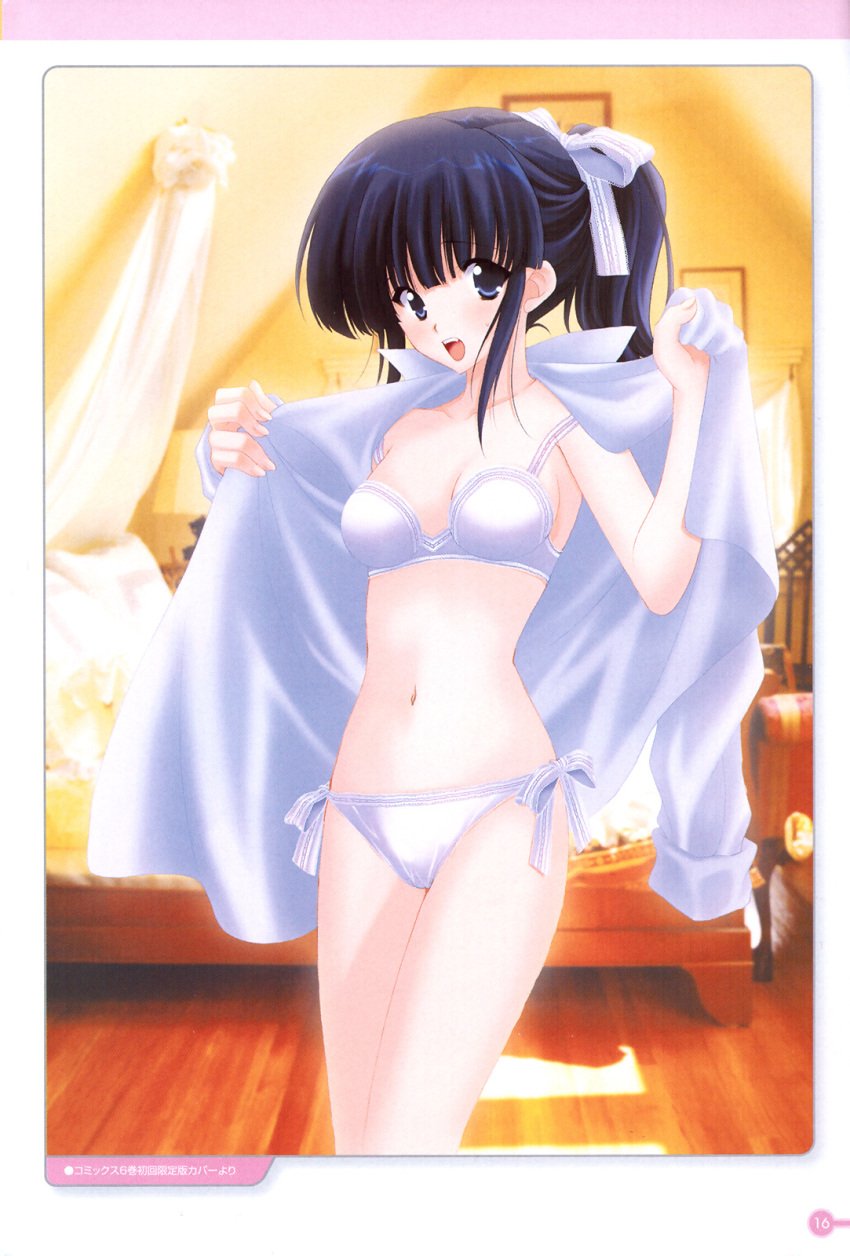 1girls bedroom blue_eyes blue_hair comic_page flashing_at_viewer girls_bravo holding_shirt koyomi_hare_nanaka light-skinned_female looking_at_viewer navy_blue_eyes navy_blue_hair pale-skinned_female pin-up pinup ponytail poster ribbon_in_hair shirt_open solo solo_female solo_focus white_bikini white_ribbon white_shirt