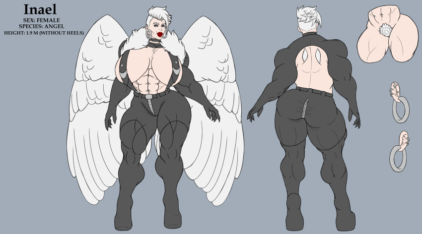 abs alexcherubic angel angel_wings big_breasts bimbo blue_eyes breasts character_sheet female female_only inael muscle muscles muscular muscular_female original original_character piercing pubic_hair pussy_hair red_lipstick short_hair white_hair wings