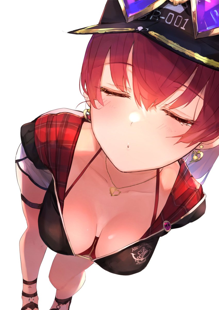 blush breasts breasts_apart cleavage closed_eyes contrapposto downblouse dutch_angle earrings eyewear_on_headwear female gold_earrings hair_between_eyes halterneck hat heart heart-shaped_eyewear highres hololive hololive_fantasy hololive_japan houshou_marine houshou_marine_(summer) imminent_kiss incoming_kiss jacket jewelry kiss kissing leaning_forward medium_breasts necklace plaid plaid_jacket pov pov_kiss puckered_lips red_hair solo thighs tomochi_(tmc_tmc8) virtual_youtuber white_background