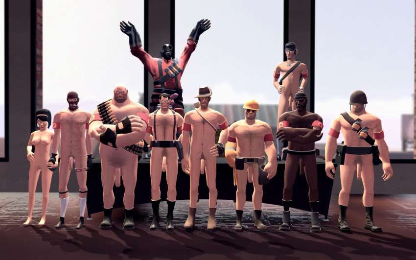 1girls 3d 6+boys 9boys armbands arms_up balaclava bandolier belt body_hair bodysuit boots cap chest_hair clothing completely_nude completely_nude_female crossed_arms dark-skinned_male demoman demoman_(team_fortress_2) dildo dog_tags engineer engineer_(team_fortress_2) erection eye_patch eyewear facial_hair female fingerless_gloves flaccid footwear garry's_mod gas_mask genitals glasses gloves goggles grenades handwear hard_hat harness hat headset heavy_(team_fortress_2) heavy_weapons_guy helmet holding_hands human human_female human_male human_only lineup male medic medic_(team_fortress_2) multiple_boys naked_footwear nude nude_female penis penis_size_difference pyro pyro_(team_fortress_2) rebbacus scars scout scout's_mother scout_(team_fortress_2) sniper sniper_(team_fortress_2) sock_garters socks_and_shoes soldier soldier_(team_fortress_2) spy spy_(team_fortress_2) team_fortress_2 thigh_strap tinted_eyewear unknown_gender utility_belt watch_cap wristwatch