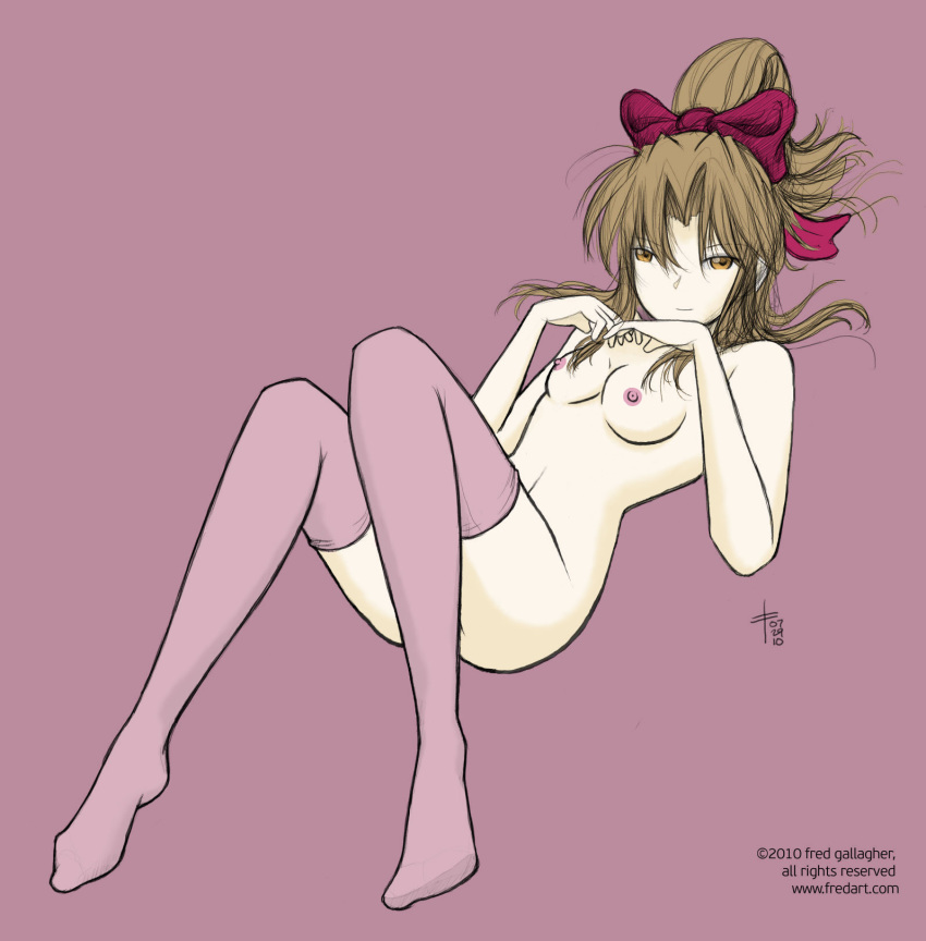 brown_eyes brown_hair hair_between_eyes hair_bow long_hair lying_on_back megatokyo nanasawa_kimiko nude nude_female seductive seductive_eyes seductive_look seductive_smile stockings tagme webcomic