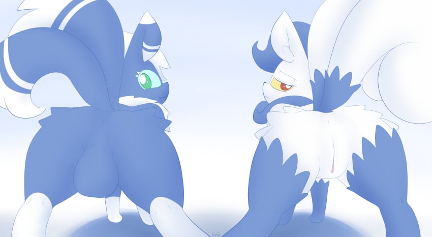 2015 anus ass balls blue_fur blue_markings duo feline female feral fur lamiaaaa looking_at_viewer male mammal markings meowstic nintendo pokemon presenting pussy raised_tail video_games white_fur white_markings