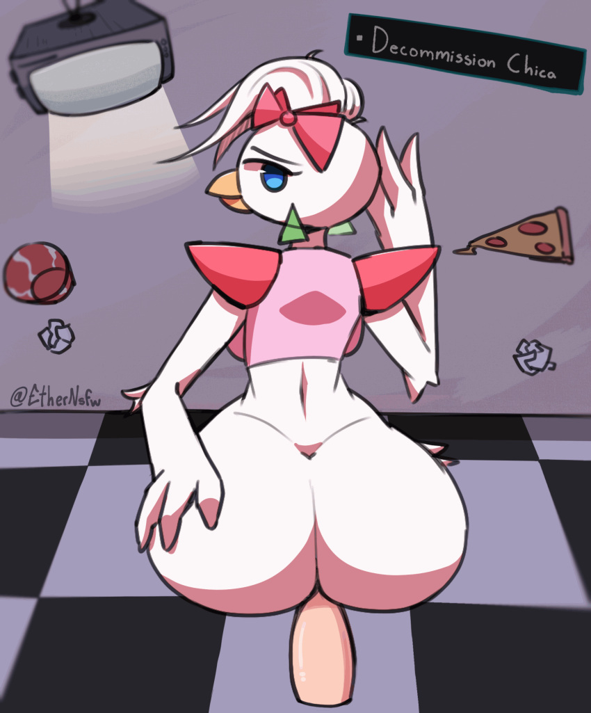 accessory animated anthro ass avian beak big_butt bird blue_eyes bottomless clothed clothing ethernsfw favorite female five_nights_at_freddy's five_nights_at_freddy's:_security_breach food fur galliform glamrock_chica_(fnaf) hair_accessory hair_ribbon hi_res human human_on_anthro interspecies looking_at_viewer looking_back male male/female mammal penetration pizza ribbons scottgames sex short_playtime solo_focus speech_bubble television video_games white_body white_fur