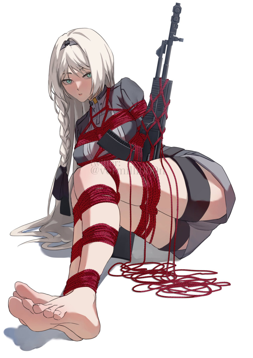 an-94 an-94_(girls'_frontline) aqua_eyes assault_rifle bangs barefoot black_bow black_hairband blush bondage bondage bondage bound bow braid braided_ponytail feet female foot_focus full_body girls'_frontline gun hair_ornament hairband highres long_hair long_sleeves looking_at_viewer lying open_mouth red_rope rifle rope shibari_over_clothes simple_background solo thigh_strap thighs toes twitter_username vermilli000n watermark weapon white_background white_hair