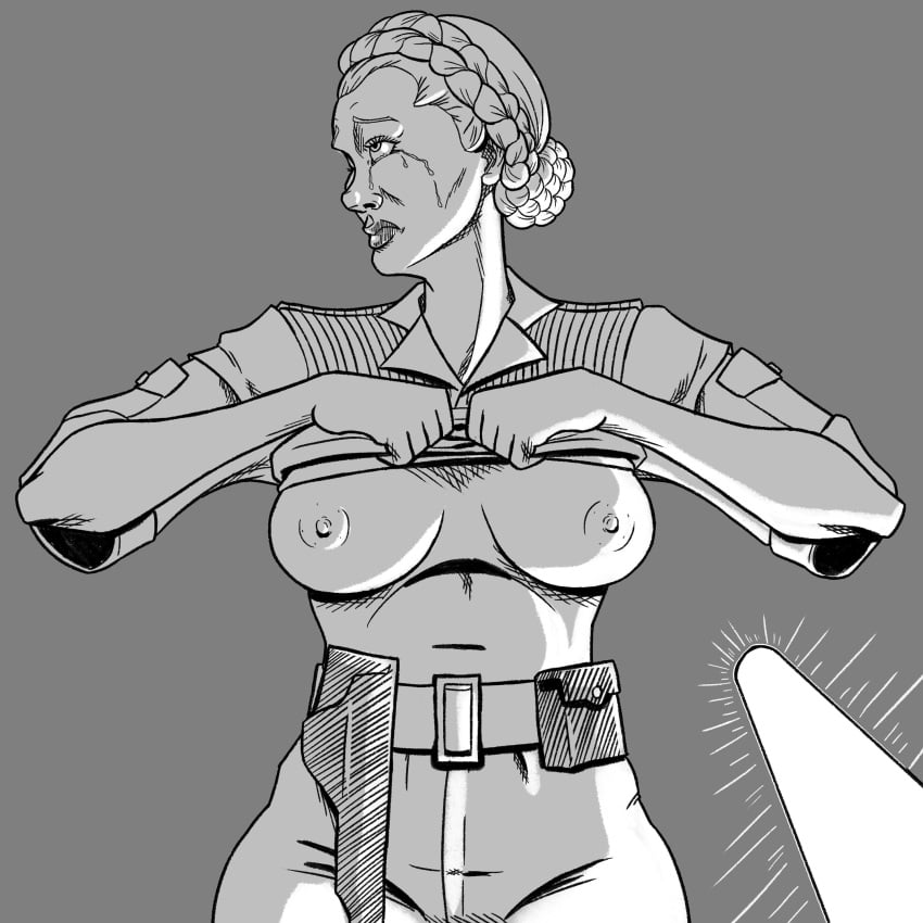 areolae belt big_breasts black_and_white bodily_fluids braid breasts breasts_out captured chris_bryer crying crying_with_eyes_open defeated domination eyes femsub flashing flashing_breasts forced forced_exposure front_view general_organa grey_background holster imminent_rape imminent_sex jacket lightsaber lips long_sleeves looking_at_away looking_away melee_weapon military_uniform monochrome nipples open_eyes pants pov princess_leia_organa sad shirt shirt_lift shirt_up simple_background spoils_of_war standing star_wars star_wars:_battlefront_2 submissive sword tears threatening threatening_with_weapon tied_hair undressing uniform weapon