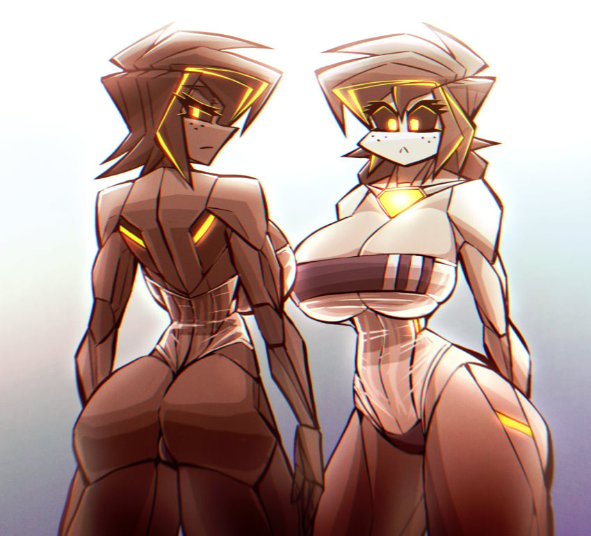 2d 2girls :< albry_(zzzhodazzz) arms_at_sides back_view black_hair black_sclera casual cleavage clothed clothed_female color colored coloured cowboy_shot dark-skinned_female dark_skin disinterested duo emotionless expressionless expressions eyelashes facial_expression female female_only fit fit_female freckles freckles_on_face front_view glowing glowing_eyes gradient_background gris_swimsuit gynoid huge_ass huge_breasts kyurby_(zzzhodazzz) large_breasts light-skinned_female light_skin long_hair looking_back looking_over_shoulder medium_hair midriff muscular_female narrow_waist neutral_expression no_humans one-piece_swimsuit orange_eyes orange_iris pointy_hair robot robot_girl shoulder_length_hair simple_background standing swimsuit swimwear thick_thighs transparent_clothing unimpressed uninterested white_background zzzhodazzz