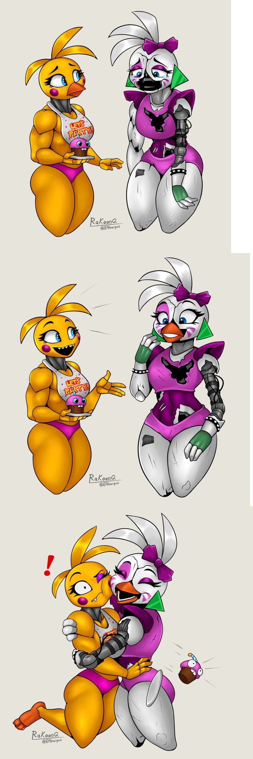 2girls animatronic avian avian_humanoid beak bib big_breasts blue_eyes broken cheering compilation cupcake_(fnaf) damaged e4hargus endoskeleton female female_focus female_only five_nights_at_freddy's five_nights_at_freddy's:_security_breach five_nights_at_freddy's_2 glamrock_chica_(fnaf) happy happy_female hugging image_set multiple_girls muscular_female not_porn robot shattered_glamrock_chica shoulder_pads smile smiling smiling_at_another thick_thighs toy_chica_(fnaf) wholesome yellow_body